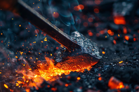 Close-up of a worker using an ax to make a fire.の素材