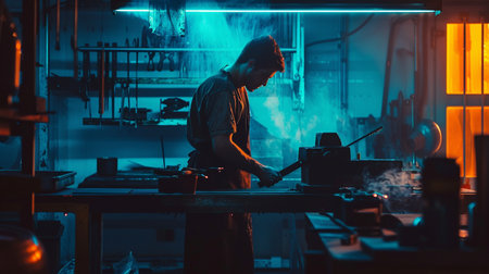 Worker in a factory welding metal with a blowtorch.の素材