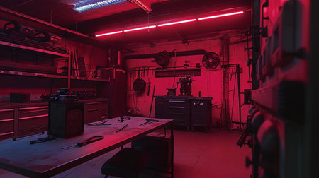 Interior of a car repair shop with tools in red light.の素材