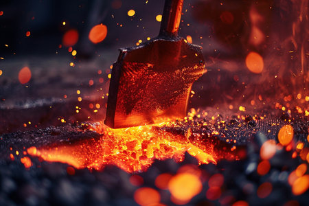 Worker with a shovel in a smithy. Sparks and fire.の素材