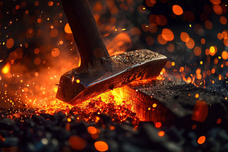 Close-up of an iron ax with sparks on the background of burning coalsの素材