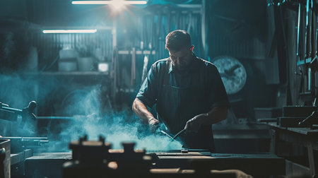 A man in a gray apron welds metal with a welding torch.の素材
