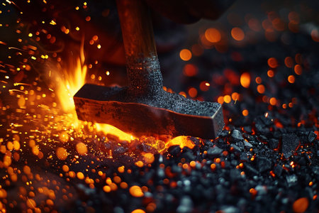 Worker cutting metal with a hammer in the forge. Selective focus.の素材