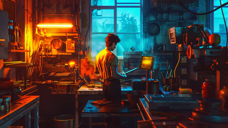 Worker in the factory at night. Man working in a factoryの素材