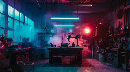 Industrial workshop with tools and equipment. Metalworking. Dark backgroundの素材