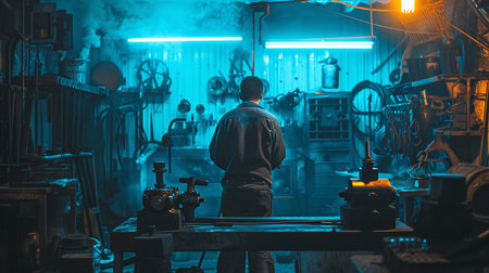 Worker in a metal workshop working on a lathe machine at night.の素材