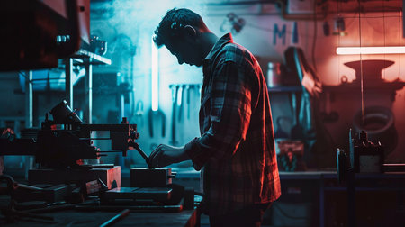 Young man working on a lathe machine in a factory. Industrial backgroundの素材