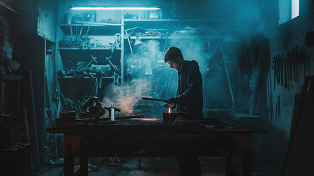 A man in a black jacket is working in a metal workshop.の素材