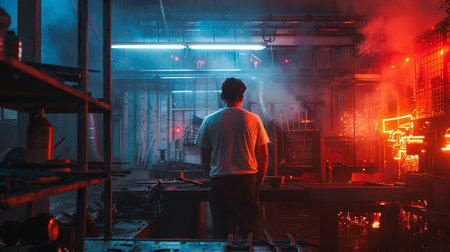 Worker in the smelting workshop at night with fog and smokeの素材