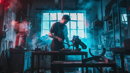 Man working in a smithy. Metal processing. Metal industry.の素材