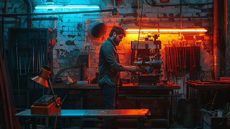 A man working on a machine in a workshop. Industrial background.の素材