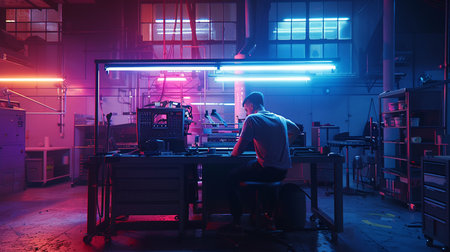 Engineer working on a computer at night in the factory. Industrial backgroundの素材