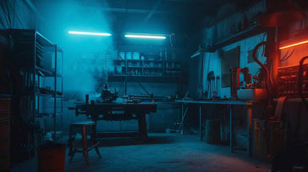 Industrial factory interior. Smoke coming out of the pipes. Industrial backgroundの素材