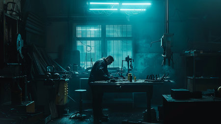 A man working in a car repair shop on a dark background.の素材