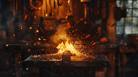 Blacksmith working with hot metal in forge, close-upの素材