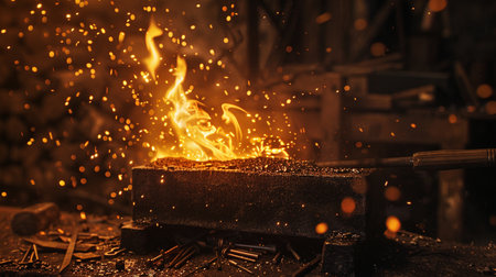 Metal smithy with sparks on a blacksmith's forge.の素材