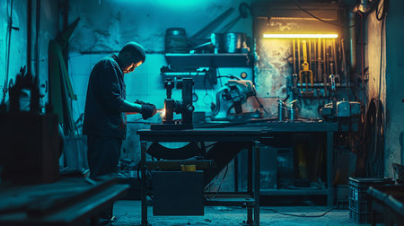 Worker cutting metal on a milling machine in a workshop.の素材