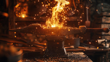 Blacksmith working with molten metal on the anvil, closeupの素材