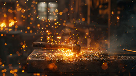 Worker cutting metal with hammer in workshop, closeup. Sparksの素材