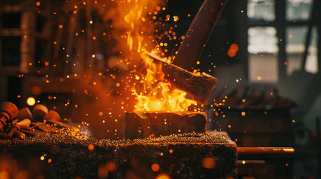 Close up of molten metal being poured into a blacksmith's forgeの素材
