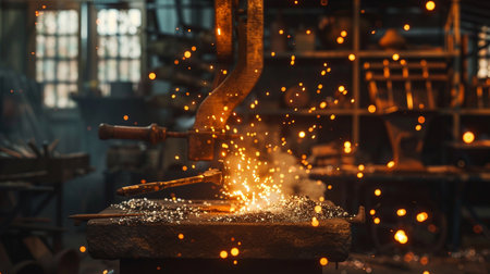 Metal welding process with sparks and molten metal in a foundry.の素材