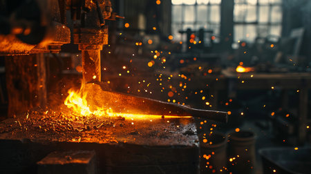 Metal working with sparks and molten metal in a metallurgical factoryの素材