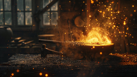 Hot molten metal in a pottery workshop with sparks and fire.の素材