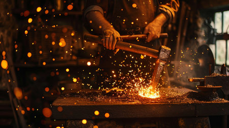 Worker making sparks while welding metal in the workshop. Metal industryの素材