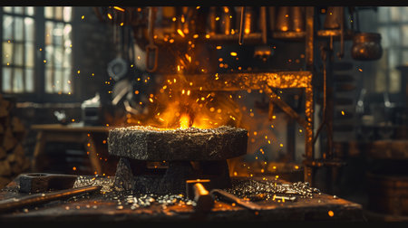Blacksmith working with hot metal on a blacksmith forge.の素材