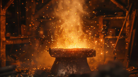 Metal smithy with sparks and smoke on a dark background.の素材