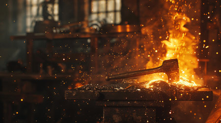 Close-up of an iron smithy with sparks flying aroundの素材