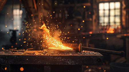 Metal cutting with sparks in a blacksmith workshop. Metal industry.の素材