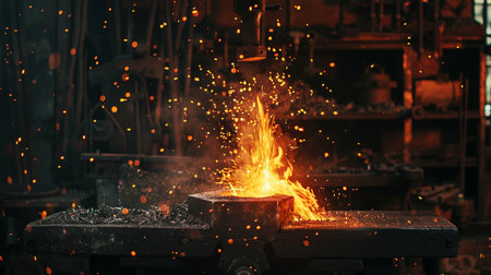 Metal smithy with sparks and molten metal in smithy workshopの素材