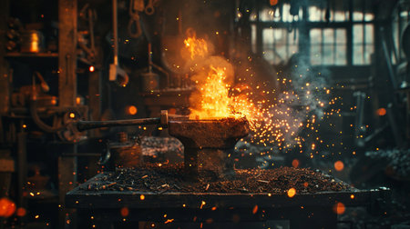 Blacksmith working with hot molten metal on the blacksmith's forgeの素材