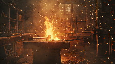 Iron smithy with sparks and smoke in the foundry.の素材