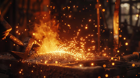 Metalworking in a factory, sparks fly in different directions. Sparks fly in different directions.の素材
