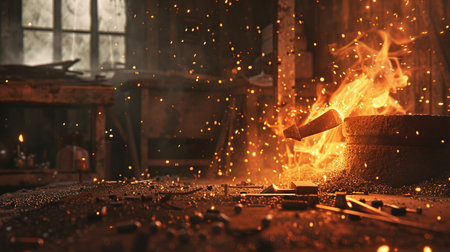 Welding of metal. Sparks fly from a torch in a workshopの素材