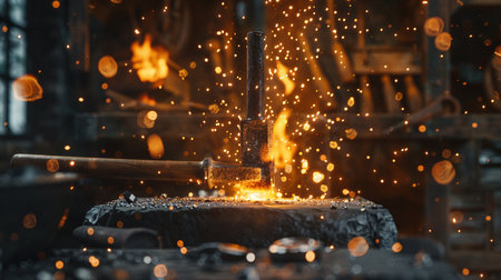 A worker in a blacksmith workshop is working with a hammer and sparks fly to the sidesの素材