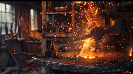 Blacksmith working with iron on the blacksmith's forge.の素材