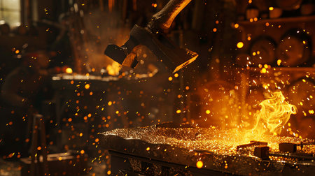 Industrial welding metal with sparks flying in the air. Industrial backgroundの素材