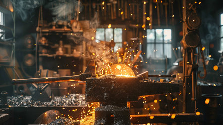 Metalworking in a factory. Sparks from molten metal are visible.の素材