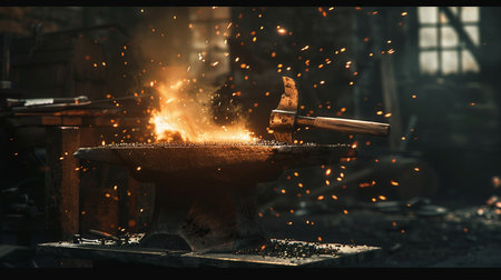 Iron and steel smithy with sparks flying from the blowtorchの素材