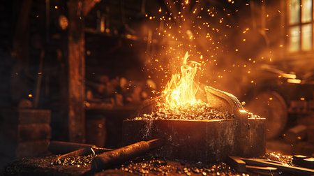 Burning cigars in a cauldron on the blacksmith's workshopの素材