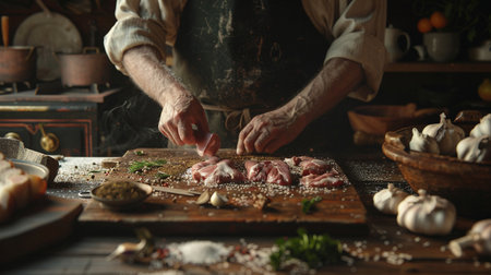 Man cooking meat on wooden table in kitchen, closeup. Cooking dinnerの素材