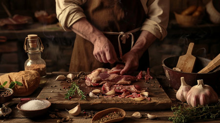 Butcher cutting meat on a wooden board in a rustic kitchenの素材