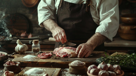Chef cutting meat on wooden board in restaurant kitchen, closeupの素材