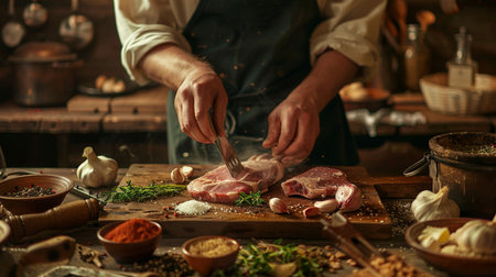 Man cutting meat on a wooden board in a restaurant kitchen. Close-up.の素材