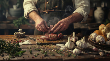 Hands of chef cooking meat on wooden table with vegetables and spicesの素材