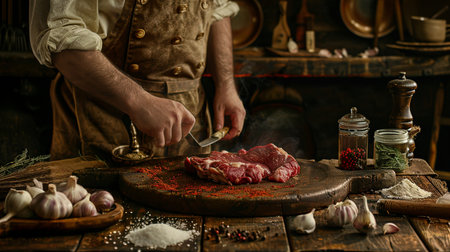 Handsome man in apron cooking beef steak with spices and herbs on wooden tableの素材