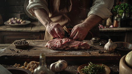 Hands of a man in apron peeling meat on a wooden boardの素材